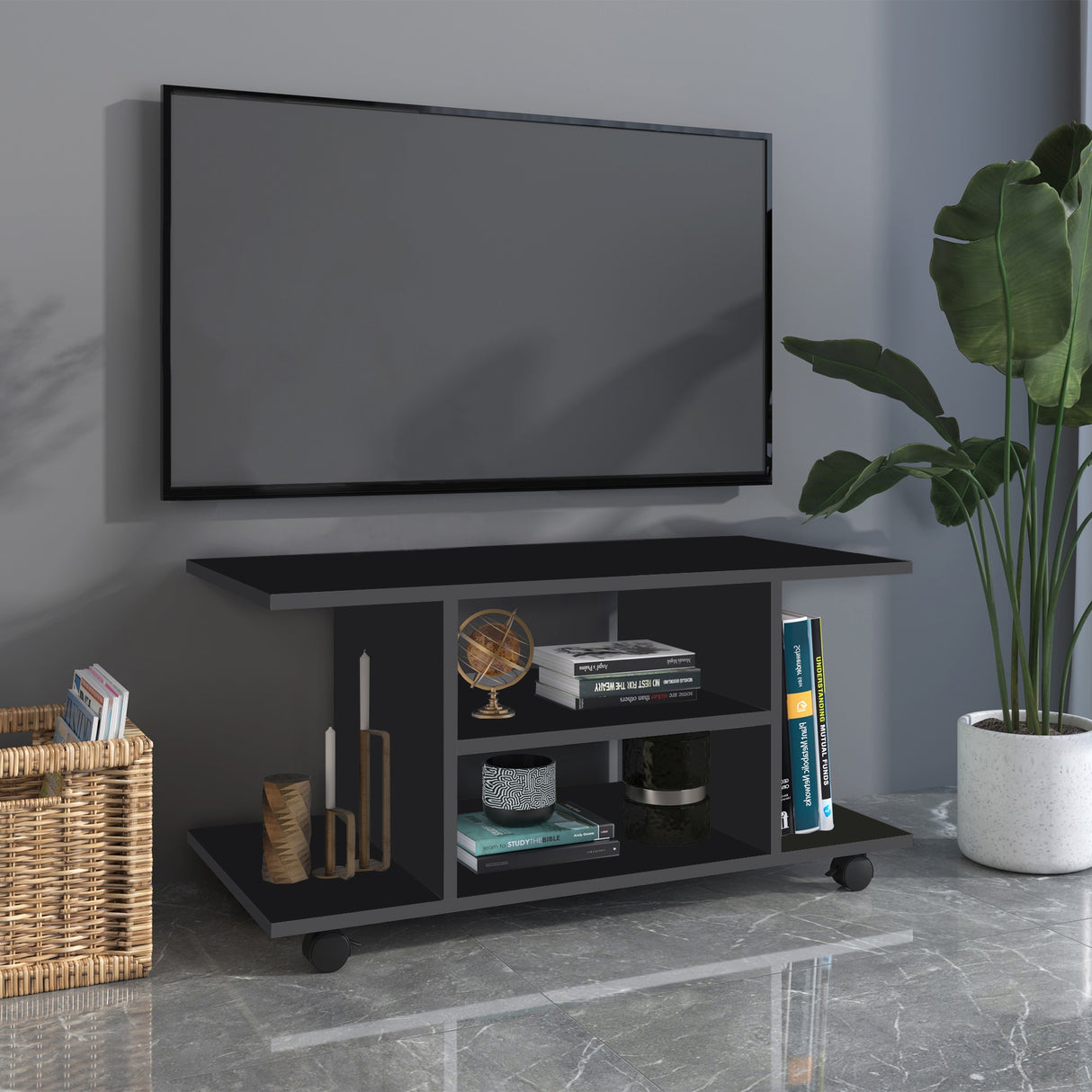 easycomfort easycomfort mobile tv moderno con ruote mobiletto tv in legno 80 40 40cm nero ean 8054144131672