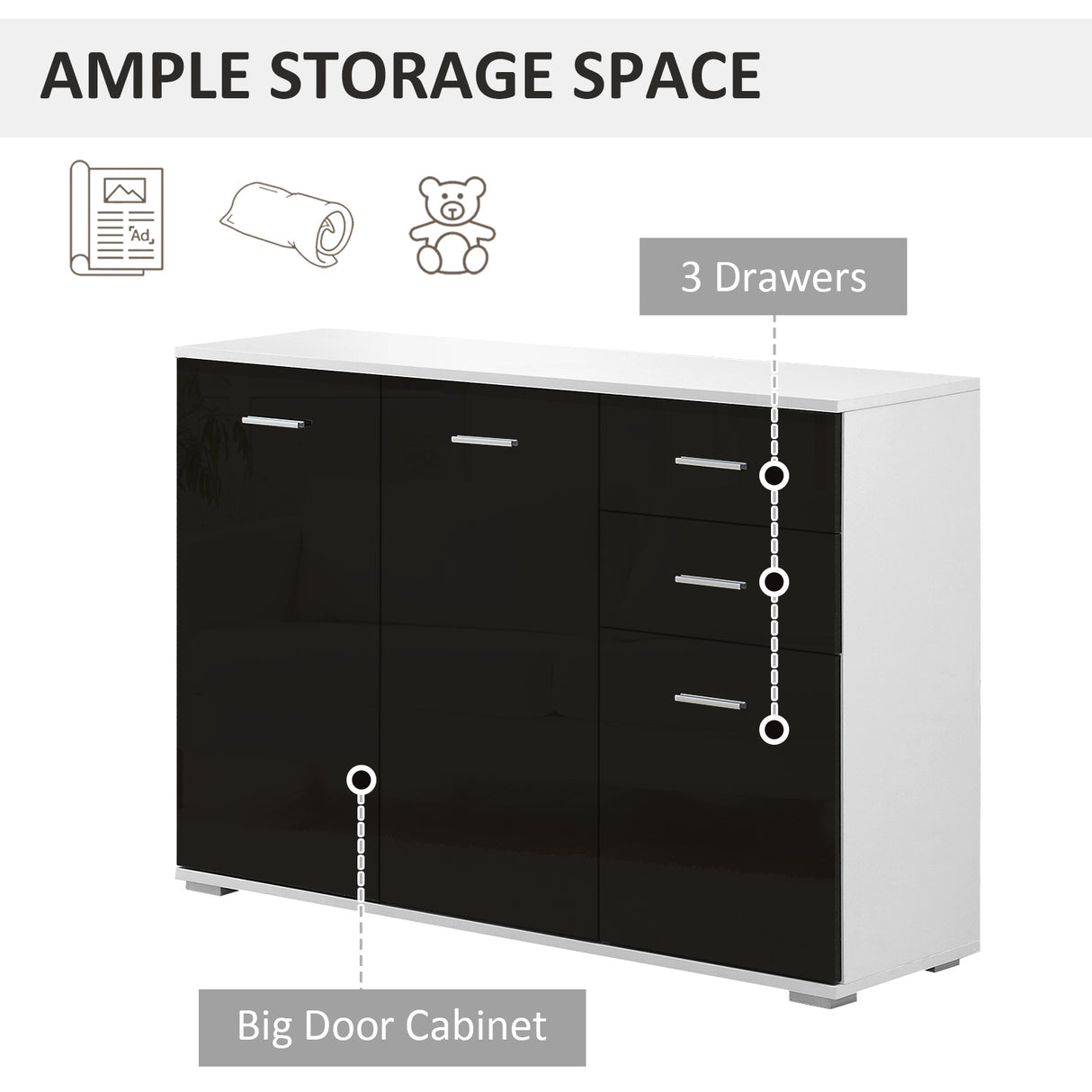 easycomfort easycomfort como mobiletto per soggiorno e camera con 3 ante e 2 cassetti nero lucido antigraffio 106 x 35 x 76 cm ean 8054111847377