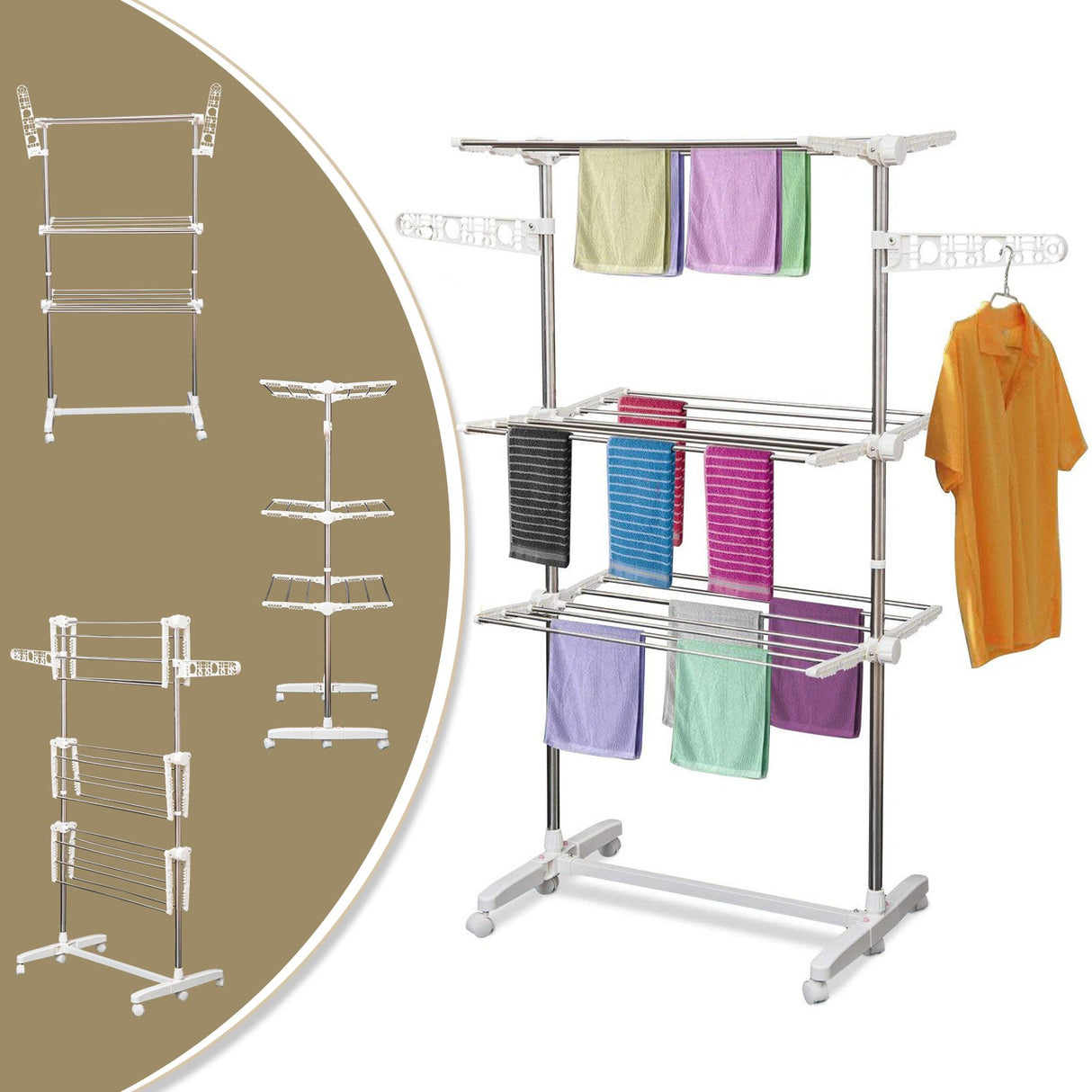 easycomfort easycomfort stendino verticale pieghevole in acciaio e plastica con 6 ruote e 3 ripiani regolabili 142x55x172 cm ean 8054144131443