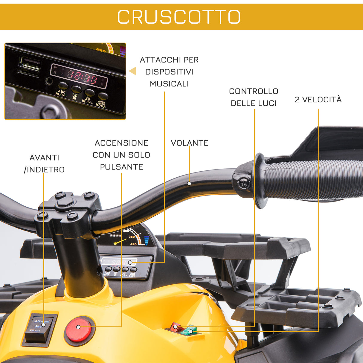 easycomfort easycomfort quad per bambini elettrico 12v con fari e batteria ricaricabile eta 3 5 anni 100x65x73cm giallo
