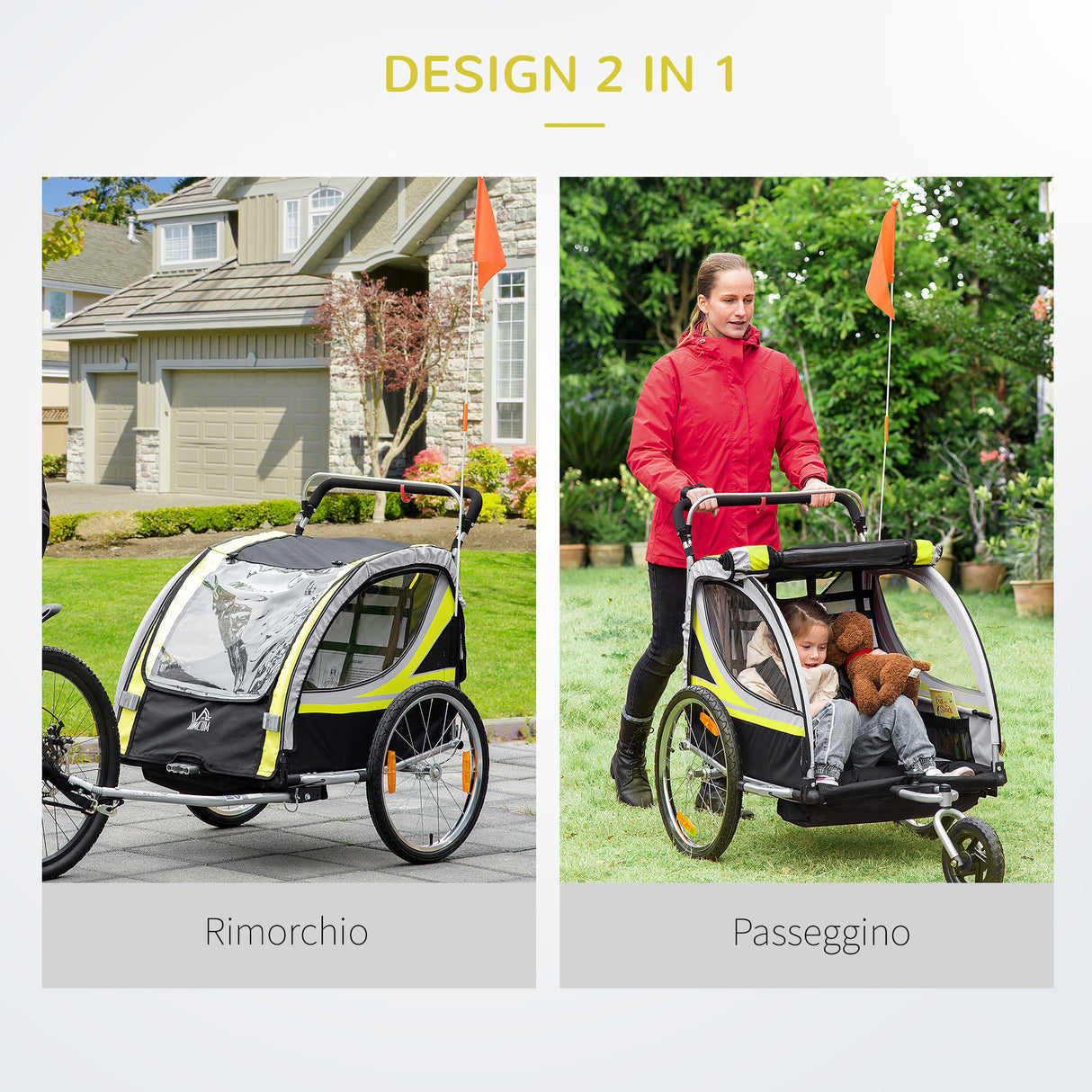 easycomfort rimorchio per bicicletta per 2 bambini 2 in 1 passeggino con cinture di sicurezza catarifrangenti e bandierina giallo