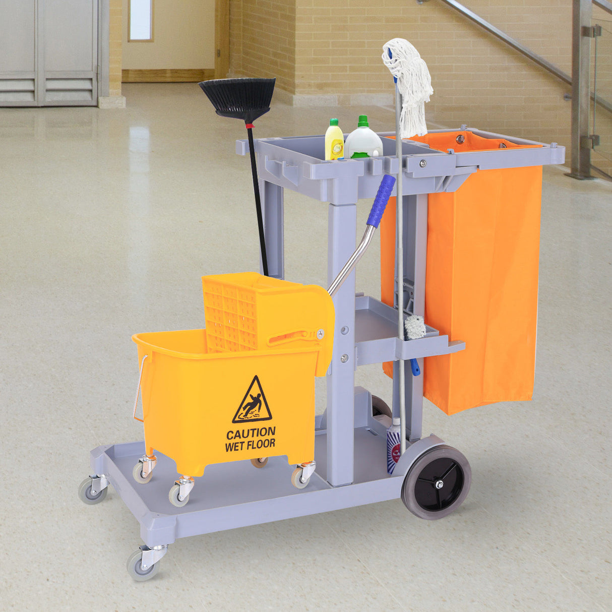 easycomfort easycomfort carrello pulizie professionale con 3 ripiani ganci portascopa 4 ruote e sacco 100l arancione 113 x 50 5 x 96 5cm ean 8054144137544