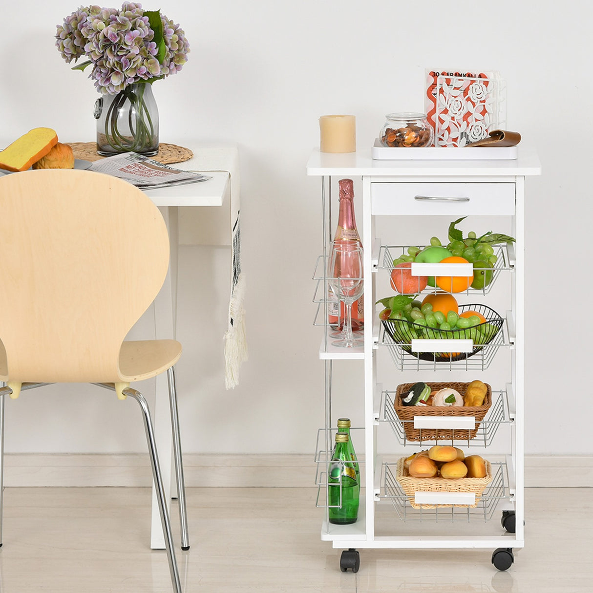 easycomfort easycomfort carrello da cucina salvaspazio in legno bianco portavivande con 1 piano di lavoro 1 cassetto e 4 cestelli metallici 47x37x83cm ean 8054111844918