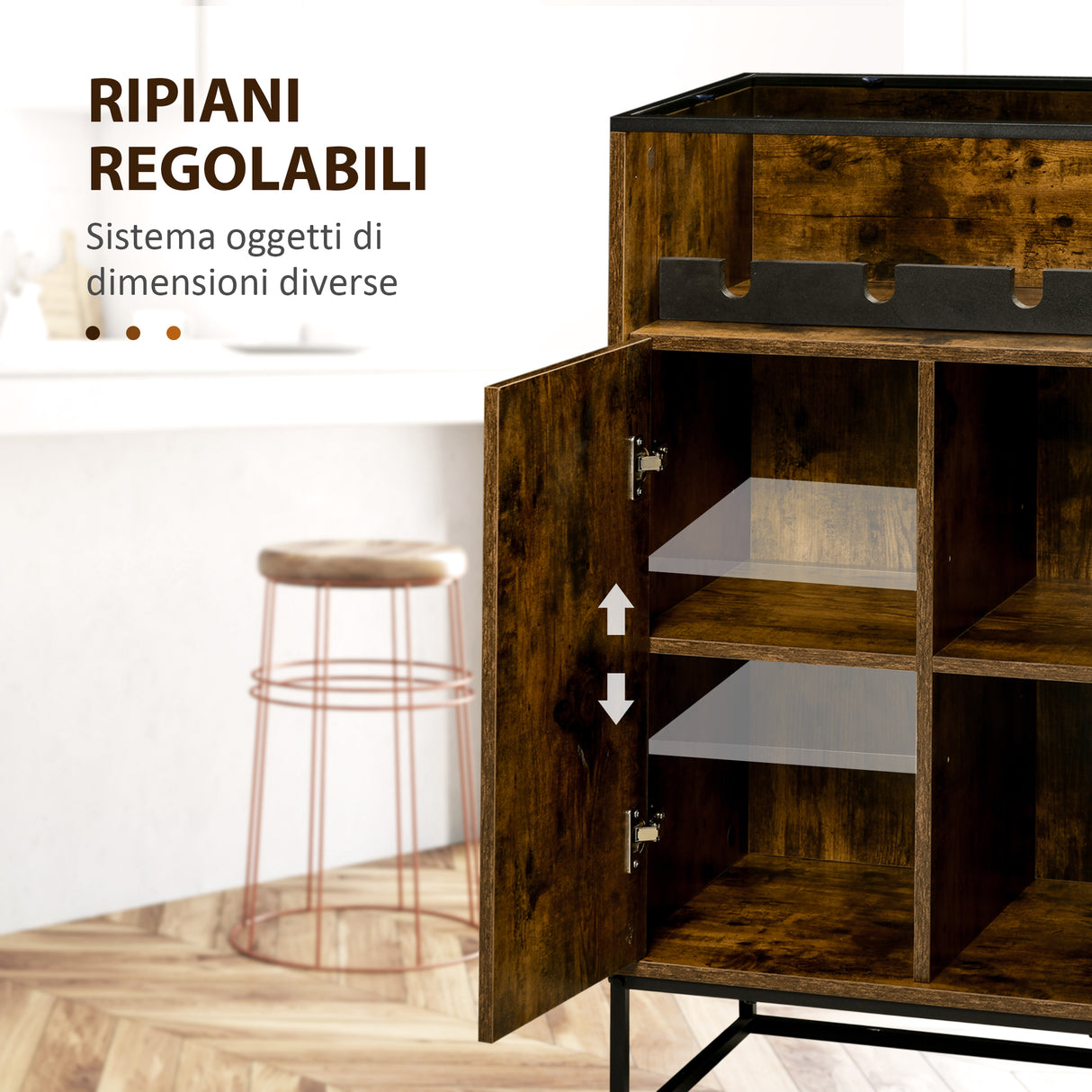 easycomfort easycomfort mobile multiuso con portabottiglie vani aperti e armadietto stile industriale 60x40x100cm marrone