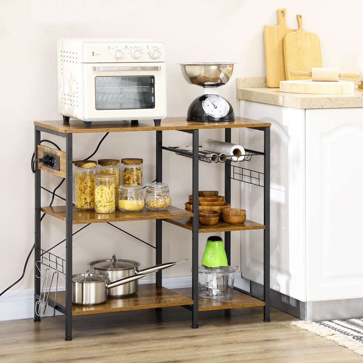 easycomfort easycomfort mobile da cucina a 3 ripiani in truciolato con presa di corrente porta usb e cestino 90x40x83cm