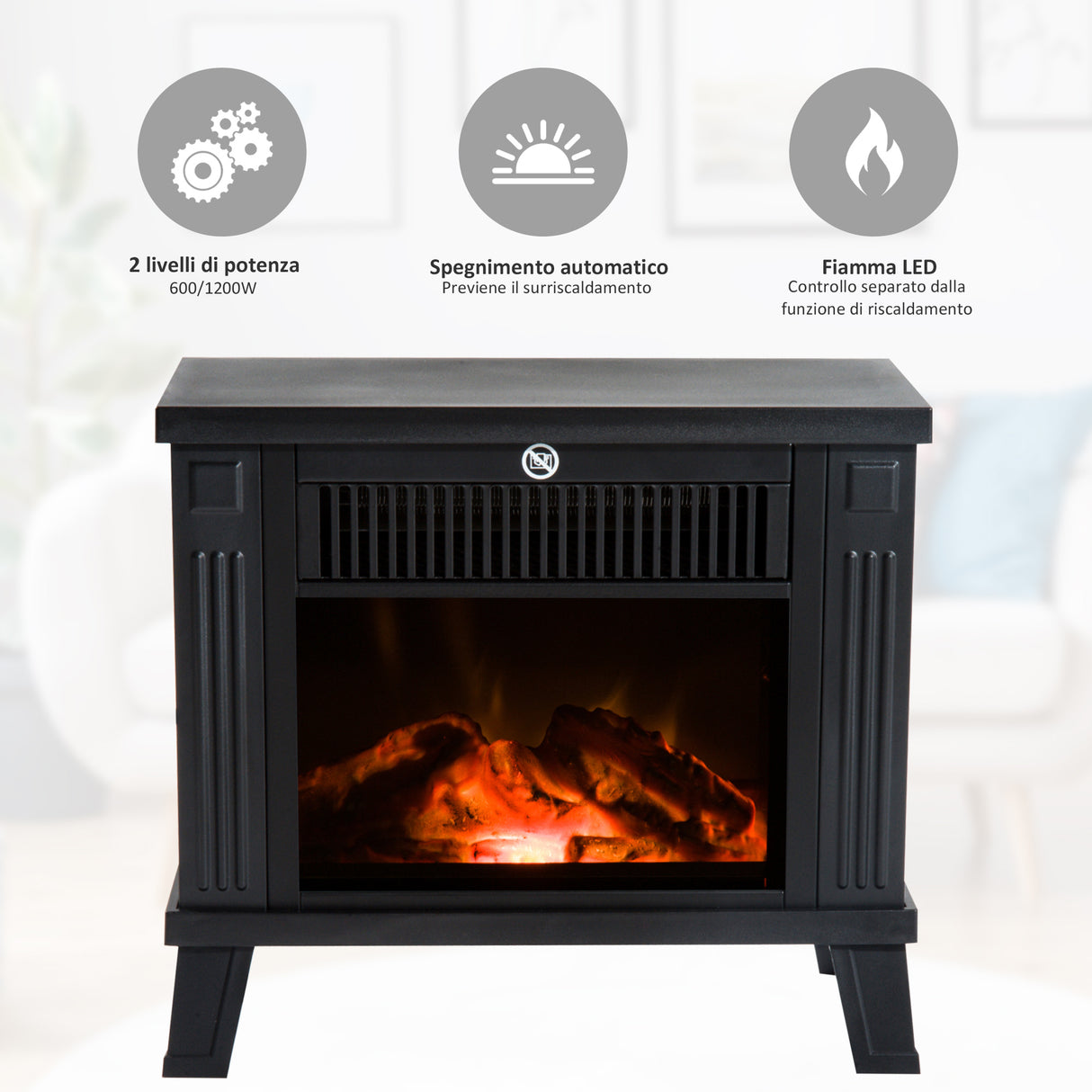 easycomfort easycomfort camino elettrico da terra 600w 1200w con effetto fiamma nero 34.5x17x31cm
