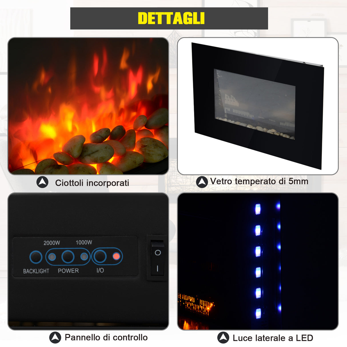 easycomfort easycomfort camino elettrico da parete o terra 2000w con fiamma led 7 colori nero 90x56x9.5cm