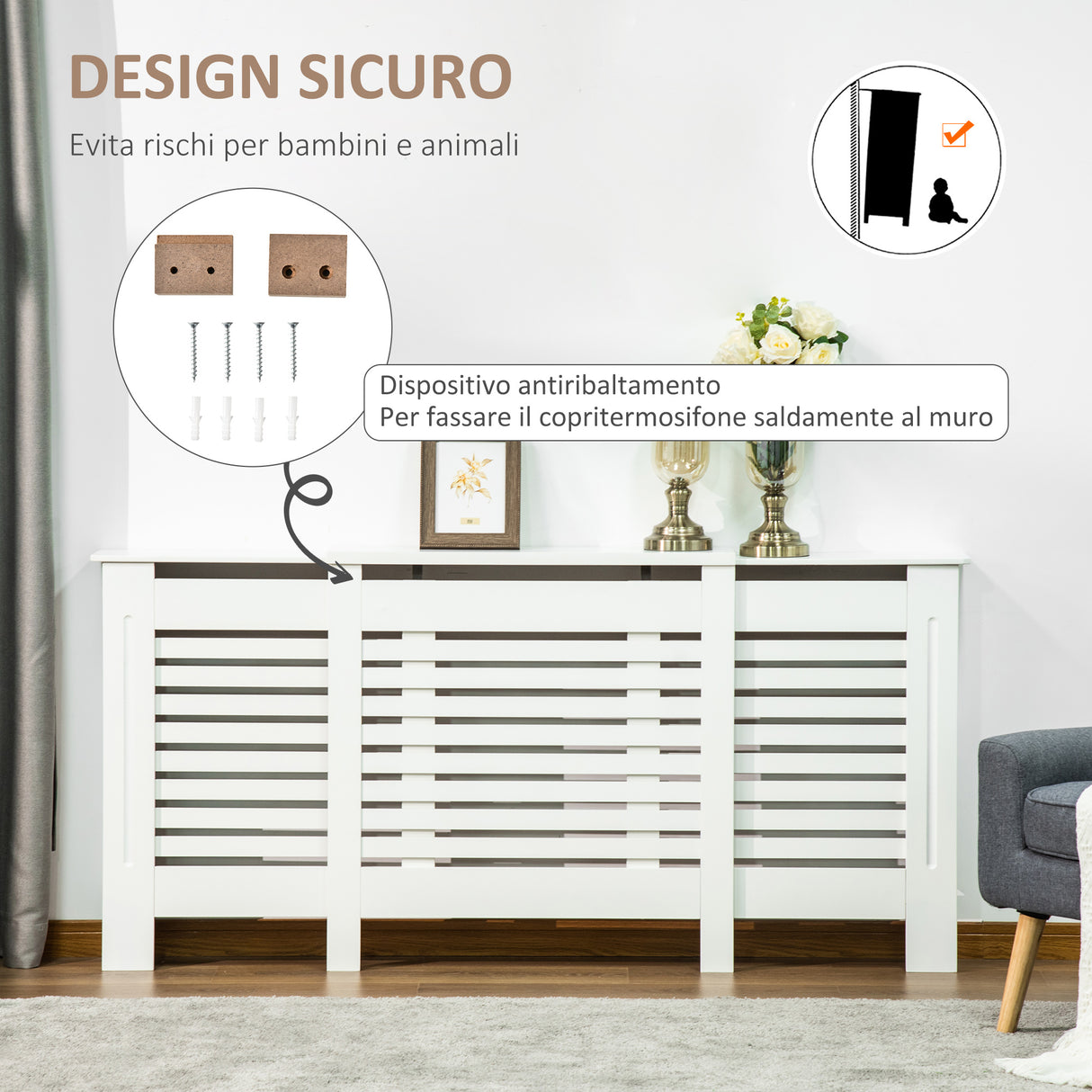 easycomfort mobile copricalorifero larghezza regolabile e mensola superiore in mdf e legno bianco
