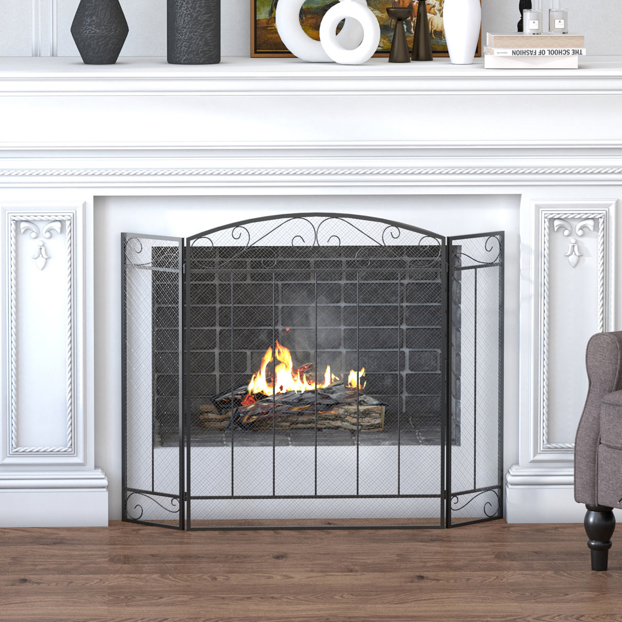 easycomfort parascintille caminetto con 3 pannelli pieghevoli nero