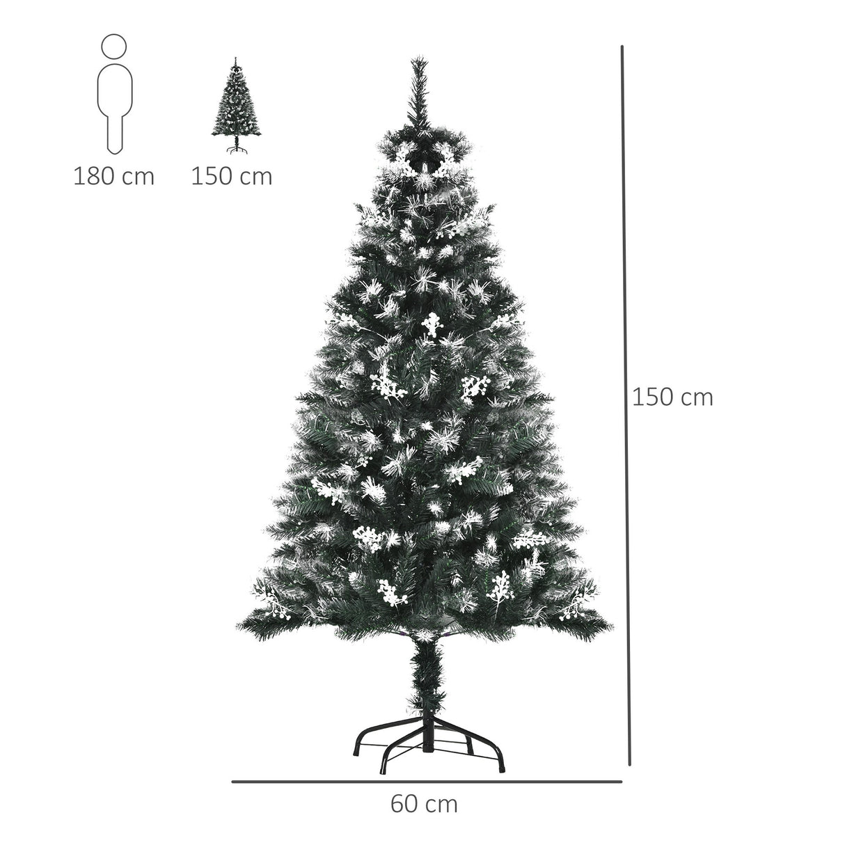 easycomfort easycomfort albero di natale innevato 150cm con bacche decorative bianche base rimovibile pieghevole 378 rami verde