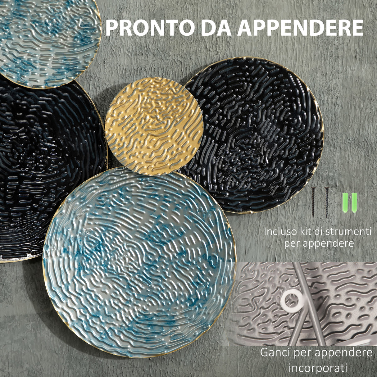 easycomfort easycomfort decorazione murale in metallo 3d wall art a cerchi 133x66cm blu nero e oro