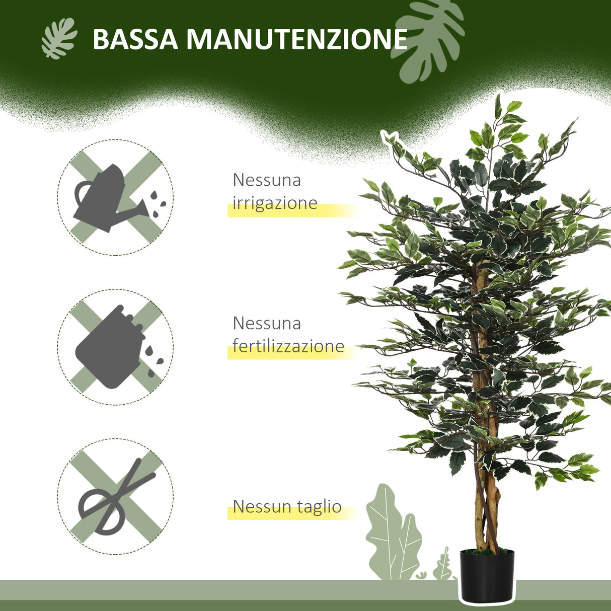 easycomfort pianta artificiale di fico da 130 cm a 702 foglie e 3 tronchi con vaso o15x12.5 cm per interni ed esterni