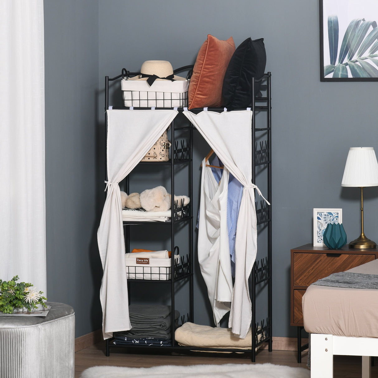 easycomfort easycomfort armadio guardaroba appendiabiti con 5 ripiani e 2 tende 84 x 42 x 158 5cm in metallo nero con decori a fiori ean 8054144139487