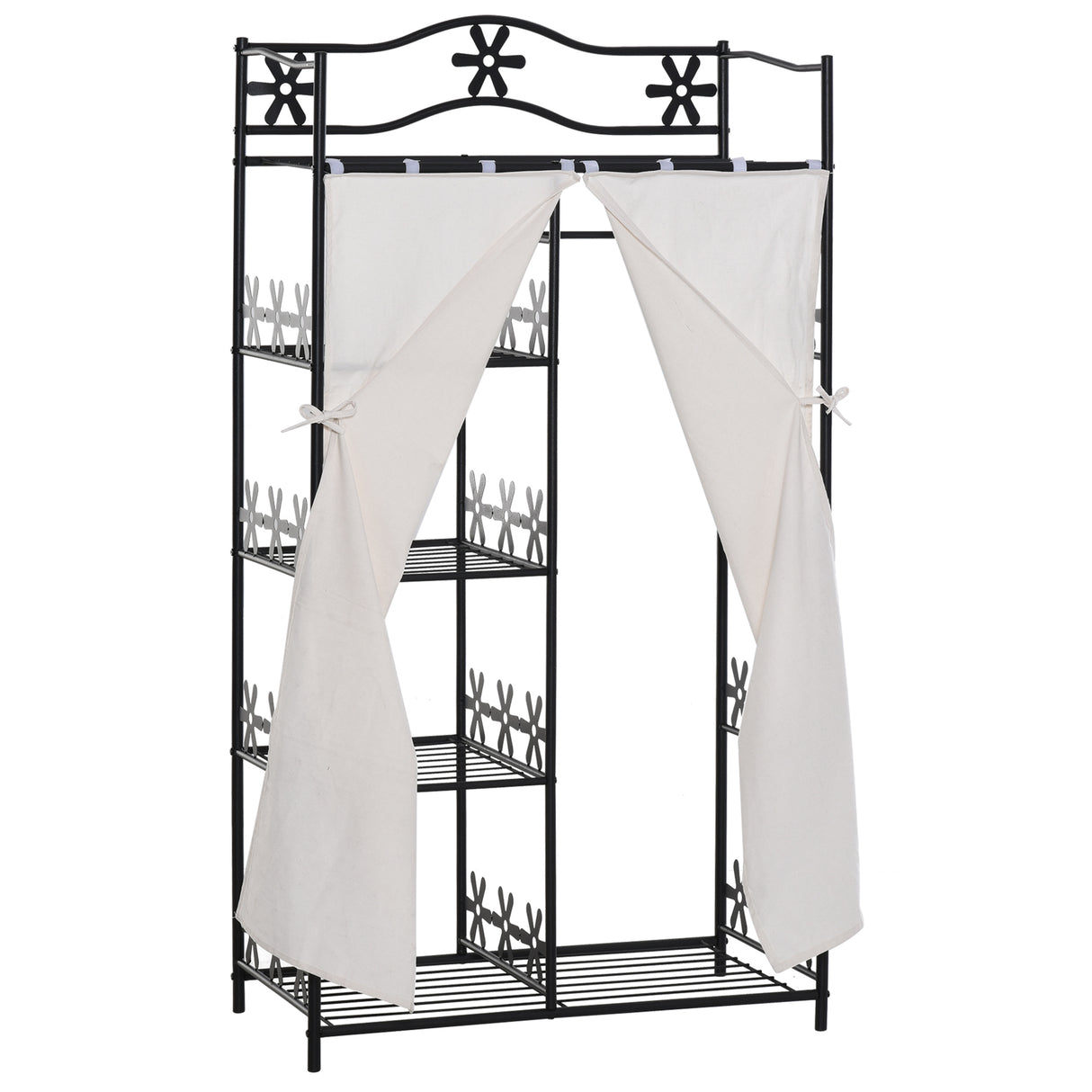 easycomfort easycomfort armadio guardaroba appendiabiti con 5 ripiani e 2 tende 84 x 42 x 158 5cm in metallo nero con decori a fiori ean 8054144139487