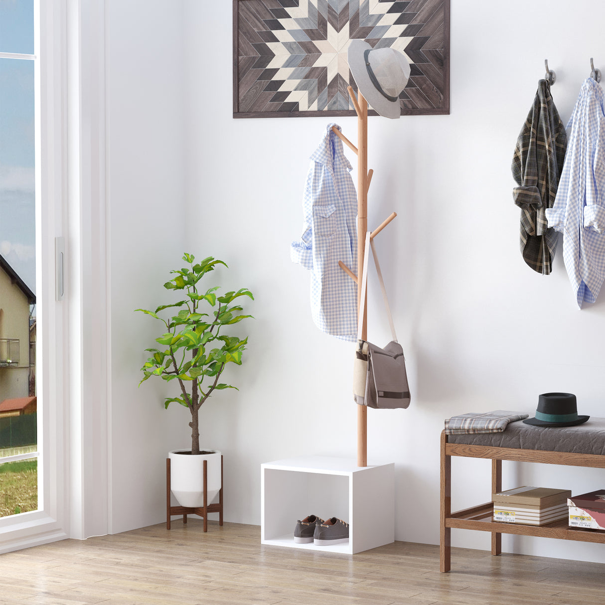 easycomfort easycomfort appendiabiti con panchina cubo per scarpe per ingresso e camera da letto 6 ganci bambu legno mdf bianco 40x30x180cm ean 8054111841023