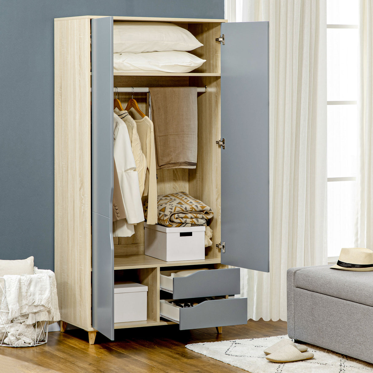 easycomfort easycomfort guardaroba a 2 ante in truciolato e mdf con 3 ripiani e 2 cassetti 88 9x50 1x184 5 cm