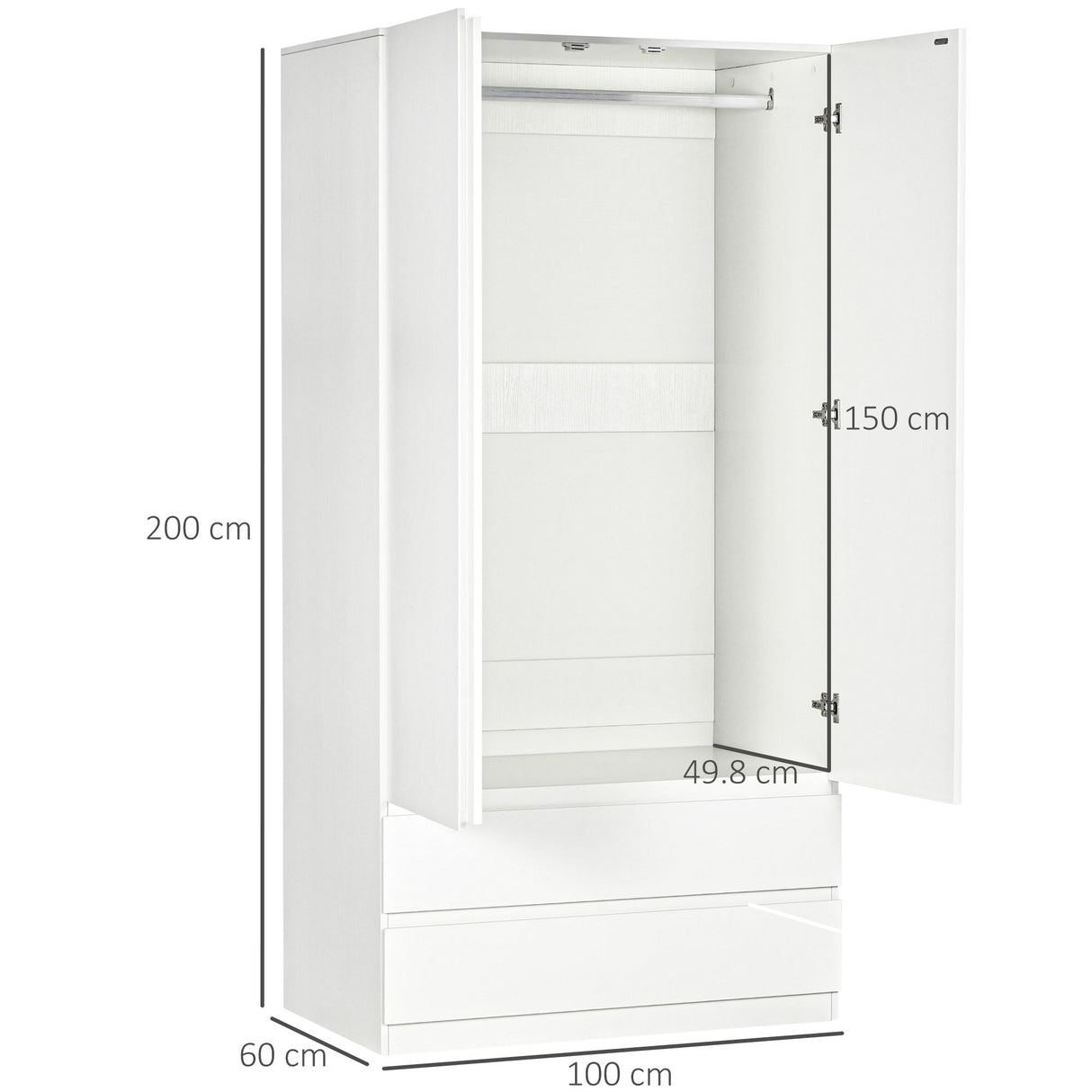 easycomfort easycomfort armadio guardaroba in truciolato bianco con appendiabiti e 2 cassetti scorrevoli per camere da letto 100x60x200 cm