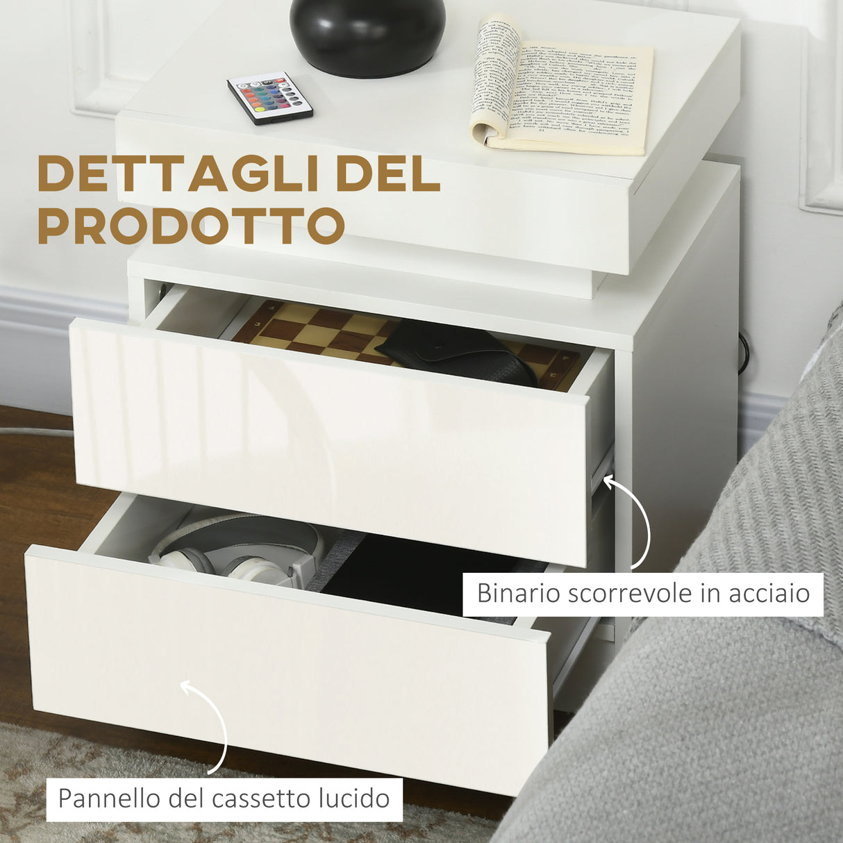 easycomfort easycomfort comodino con luce led rgb e 2 cassetti 4 modalita di luce e 16 colori 45x35x52cm bianco
