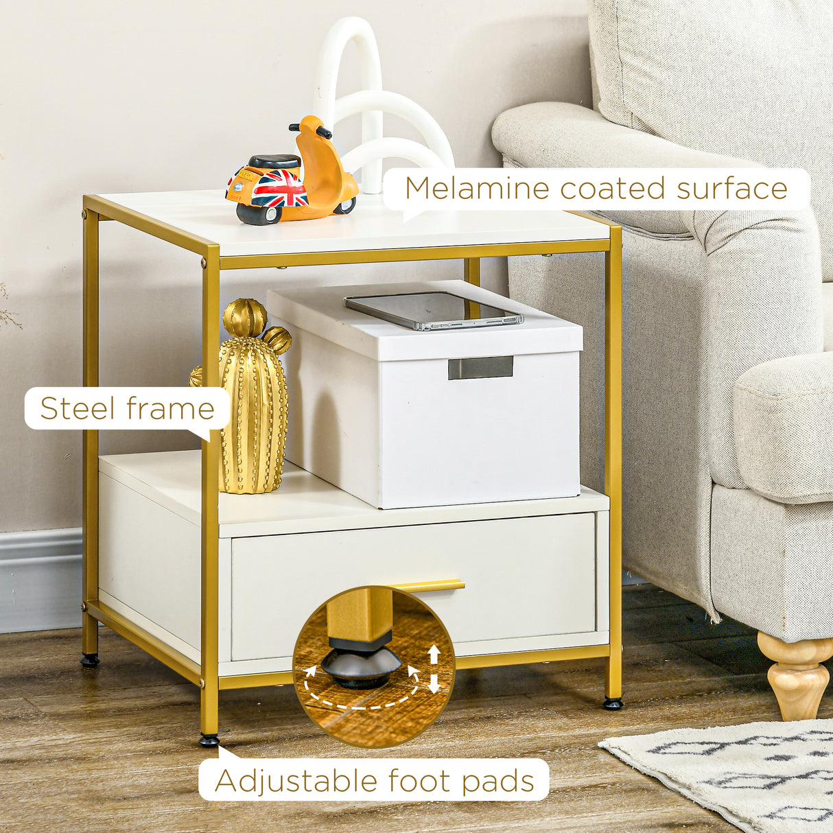 easycomfort easycomfort set di 2 comodini moderni con cassetto e ripiano aperto 50x40x55cm bianco e oro