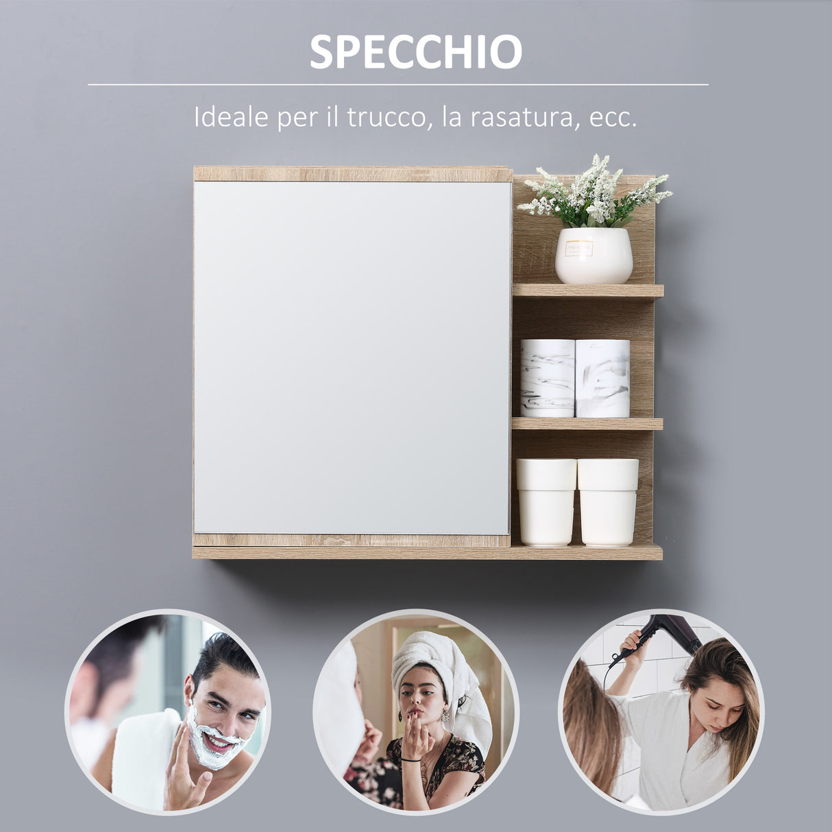 easycomfort easycomfort specchiera bagno a parete con anta e 3 ripiani laterali in legno 60x18x50cm