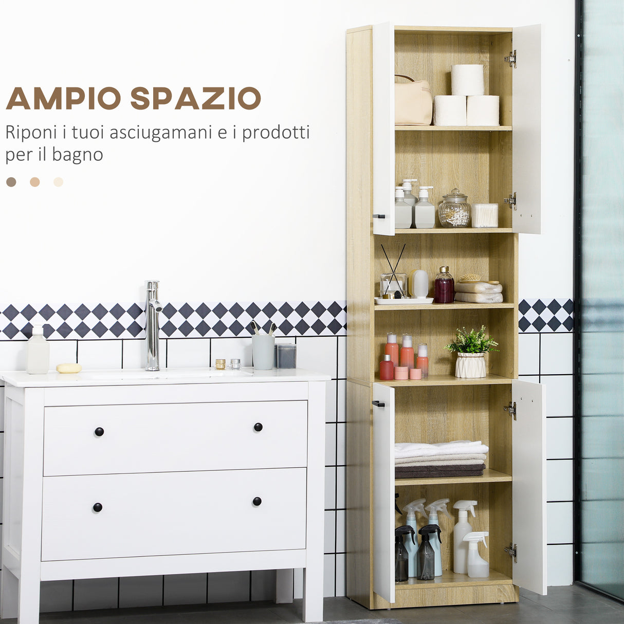 easycomfort easycomfort mobile bagno in truciolato bianco con 2 armadietti con ante e 2 ripiani aperti 53x33 5x195 7 cm