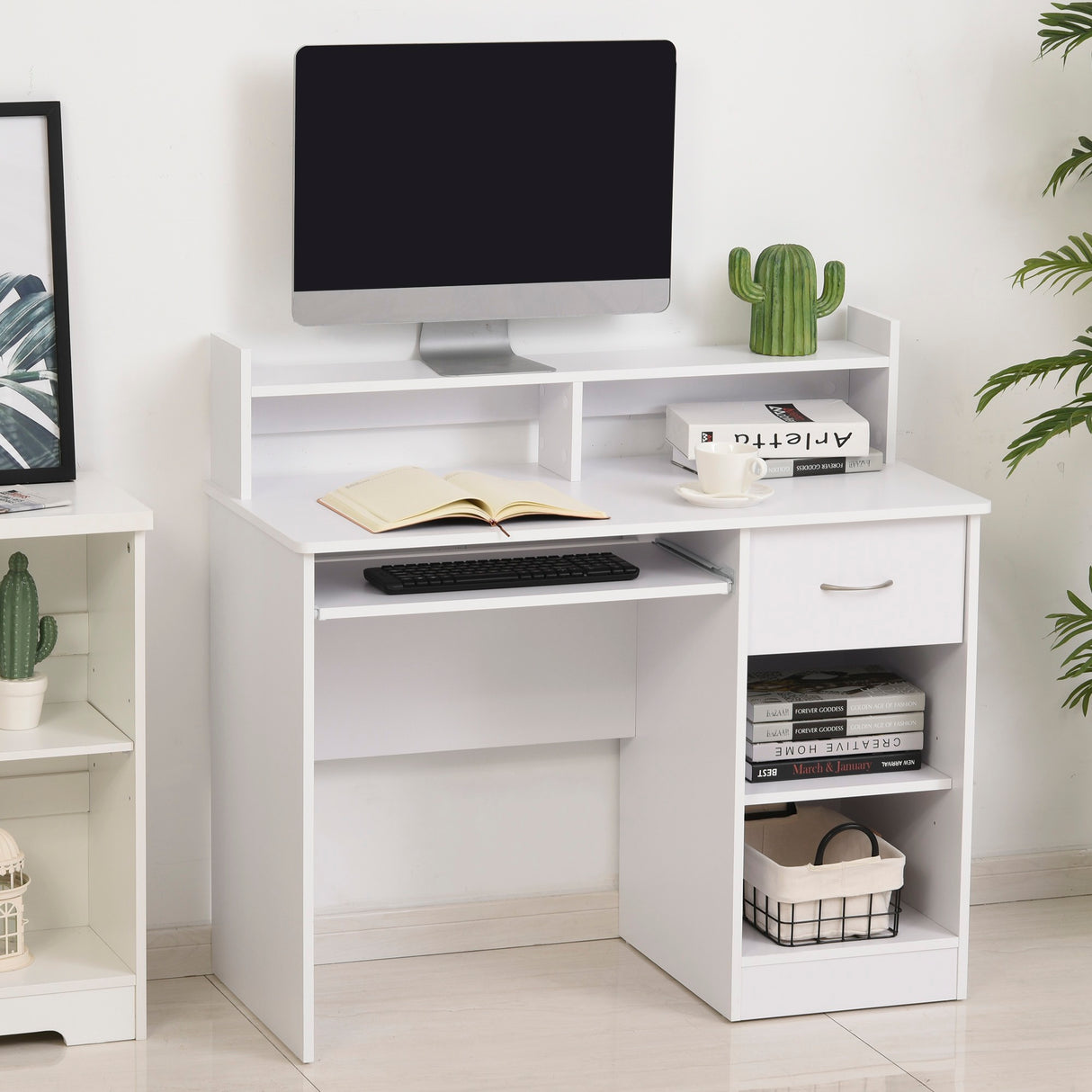easycomfort easycomfort scrivania per computer compatta scrivania pc fisso in legno bianco con ripiano tastiera estraibile e mensole 104x48x95 5cm ean 8054144130675