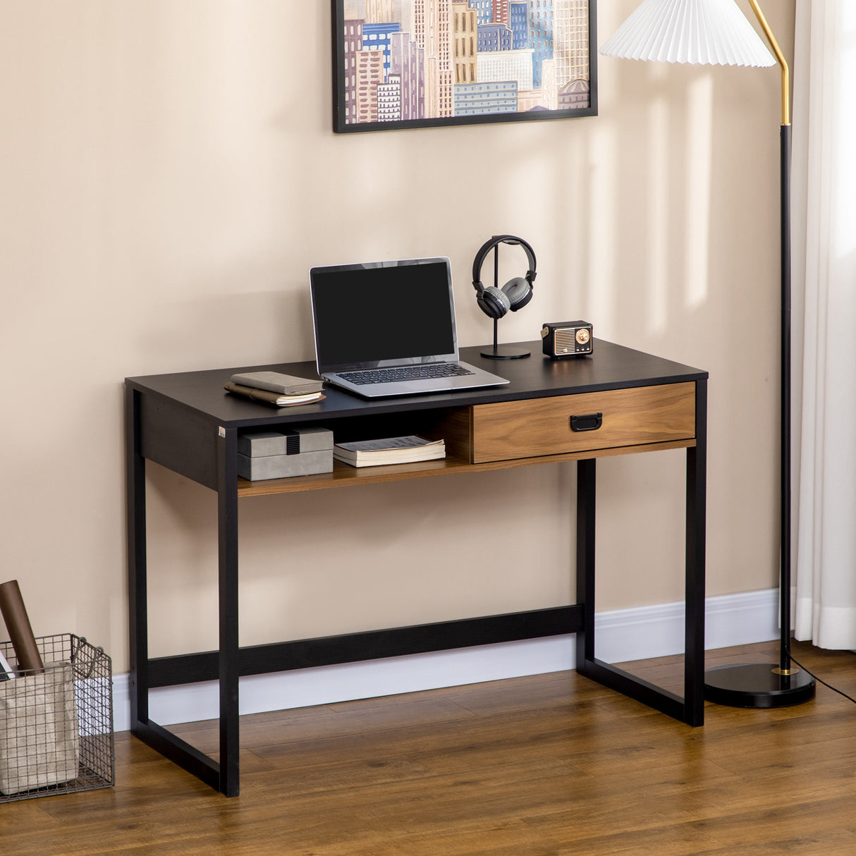 easycomfort easycomfort scrivania per camera e ufficio con cassetto stile industriale 110x50x76cm noce e nero