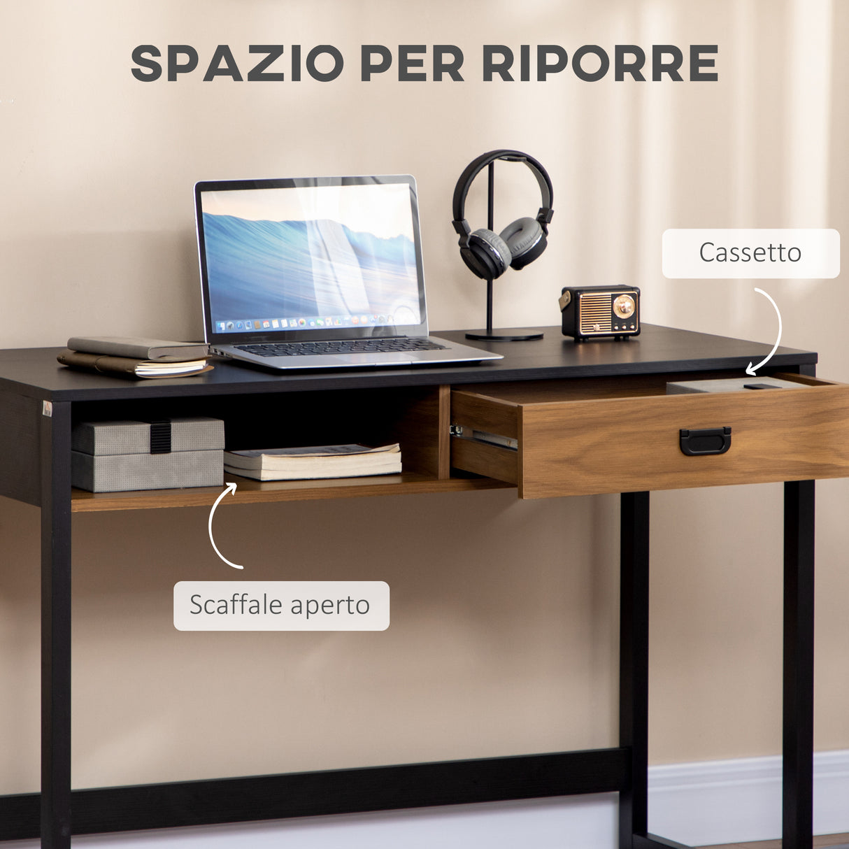 easycomfort easycomfort scrivania per camera e ufficio con cassetto stile industriale 110x50x76cm noce e nero