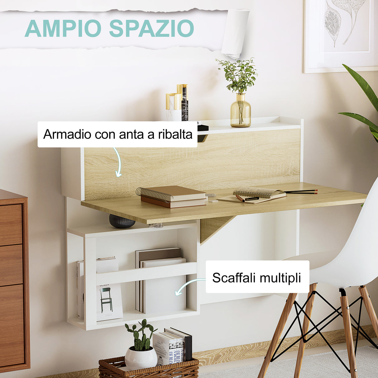 easycomfort easycomfort scrivania a muro pieghevole e salvaspazio con ripiani per casa e ufficio in truciolato 100x18x74 cm