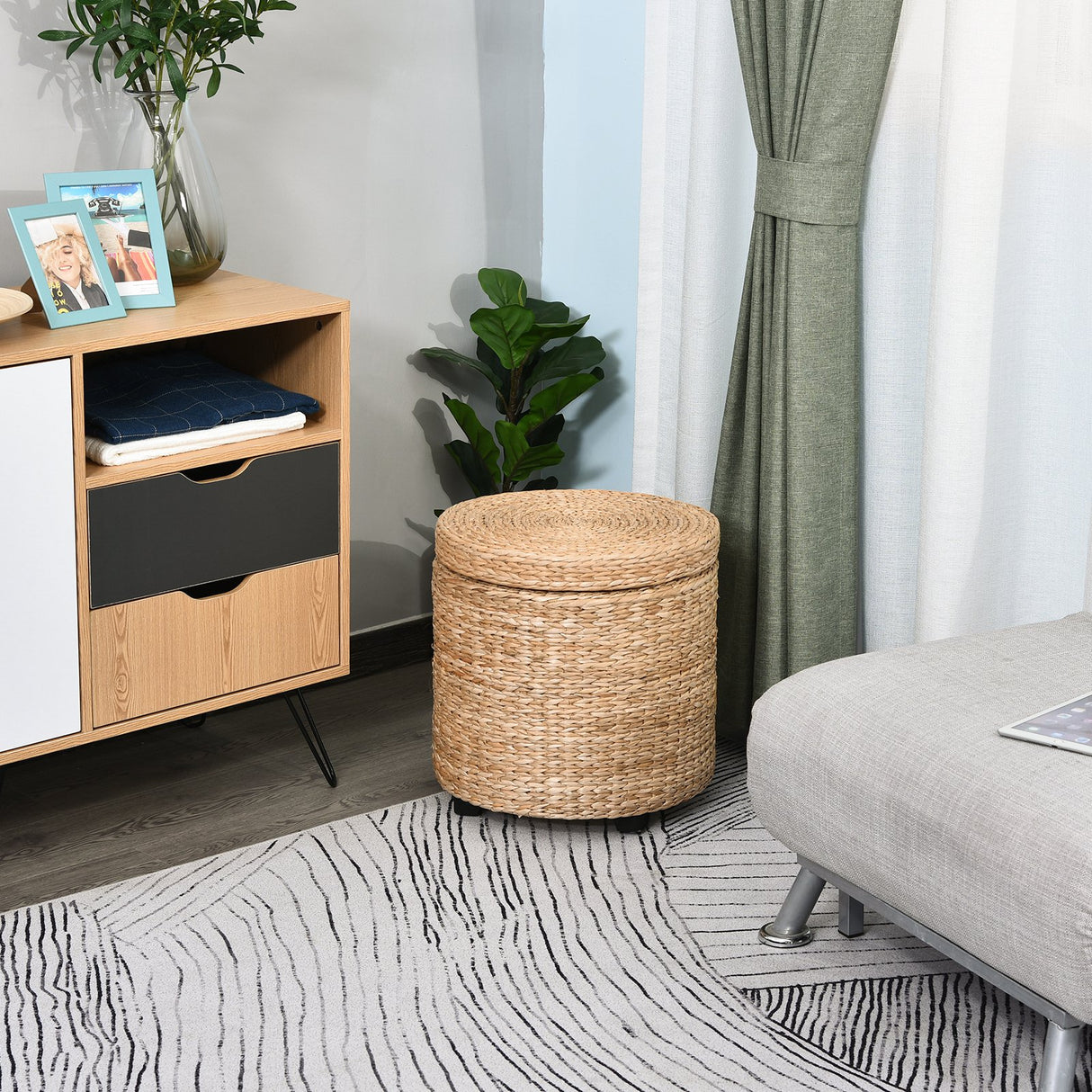 easycomfort easycomfort pouf contenitore rotondo stile boho con rivestimento naturale tavolino da salotto 43x43cm kaki