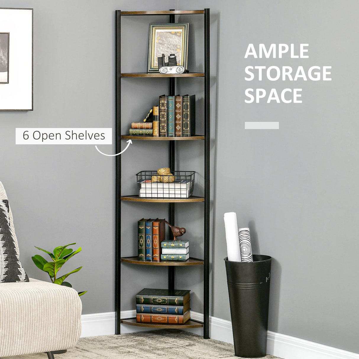 easycomfort easycomfort libreria moderna angolare a 6 ripiani in metallo e mdf 34x34x166cm marrone e nero