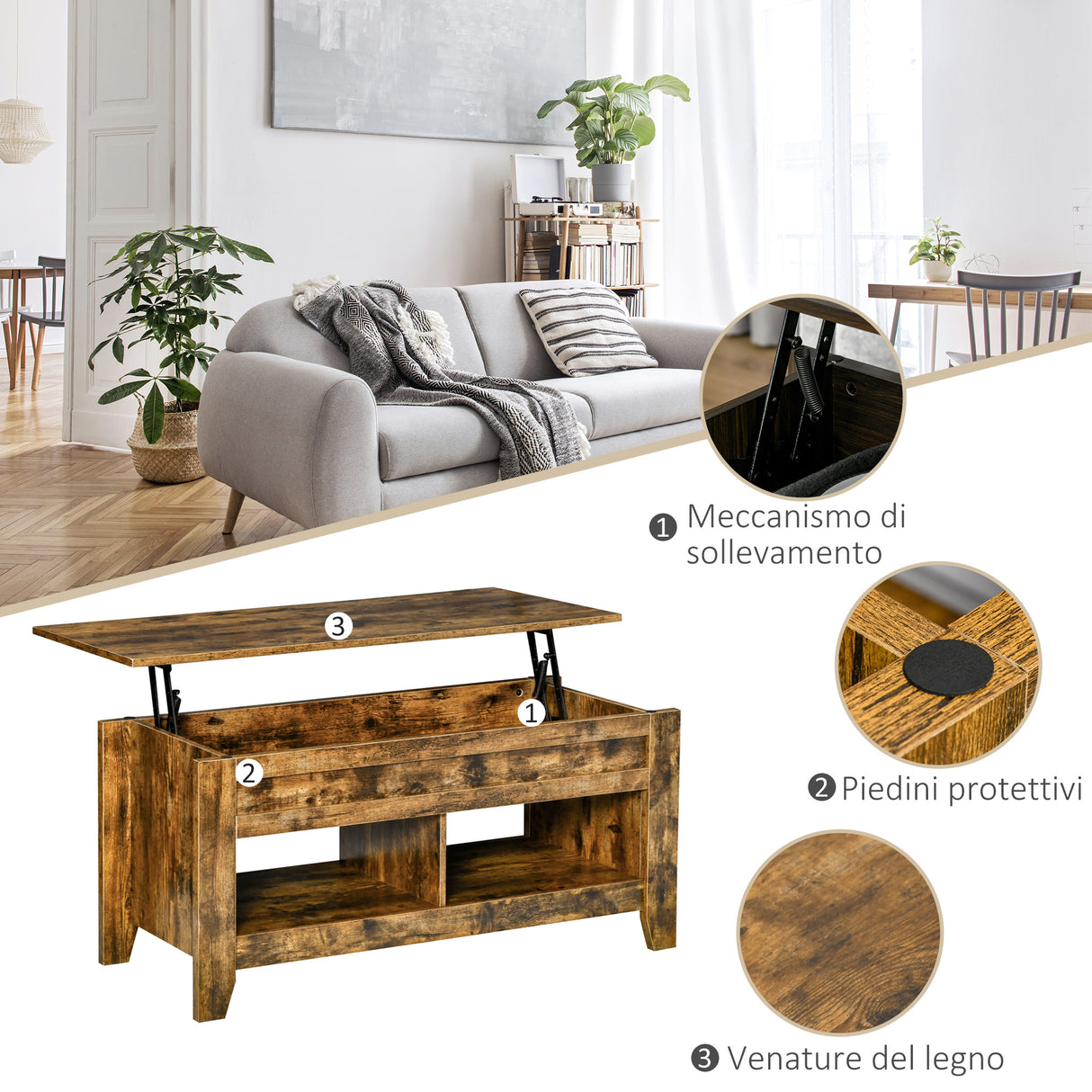 easycomfort easycomfort tavolino da salotto in stile industriale con vano contenitore e piano sollevabile in legno marrone rustico