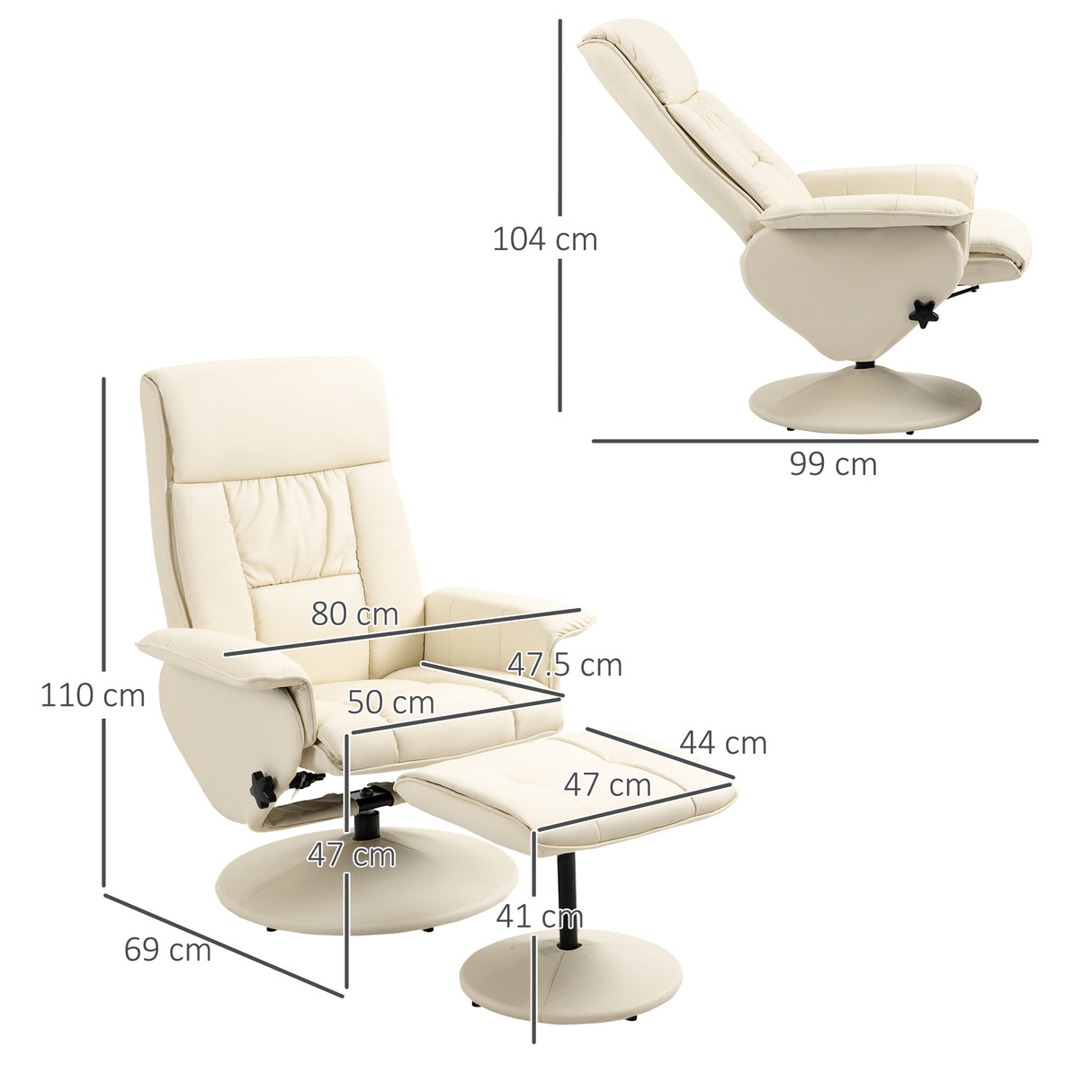 easycomfort easycomfort poltrona relax reclinabile fino 135 con seduta girevole e pouf poggiapiedi 78x84x110cm crema