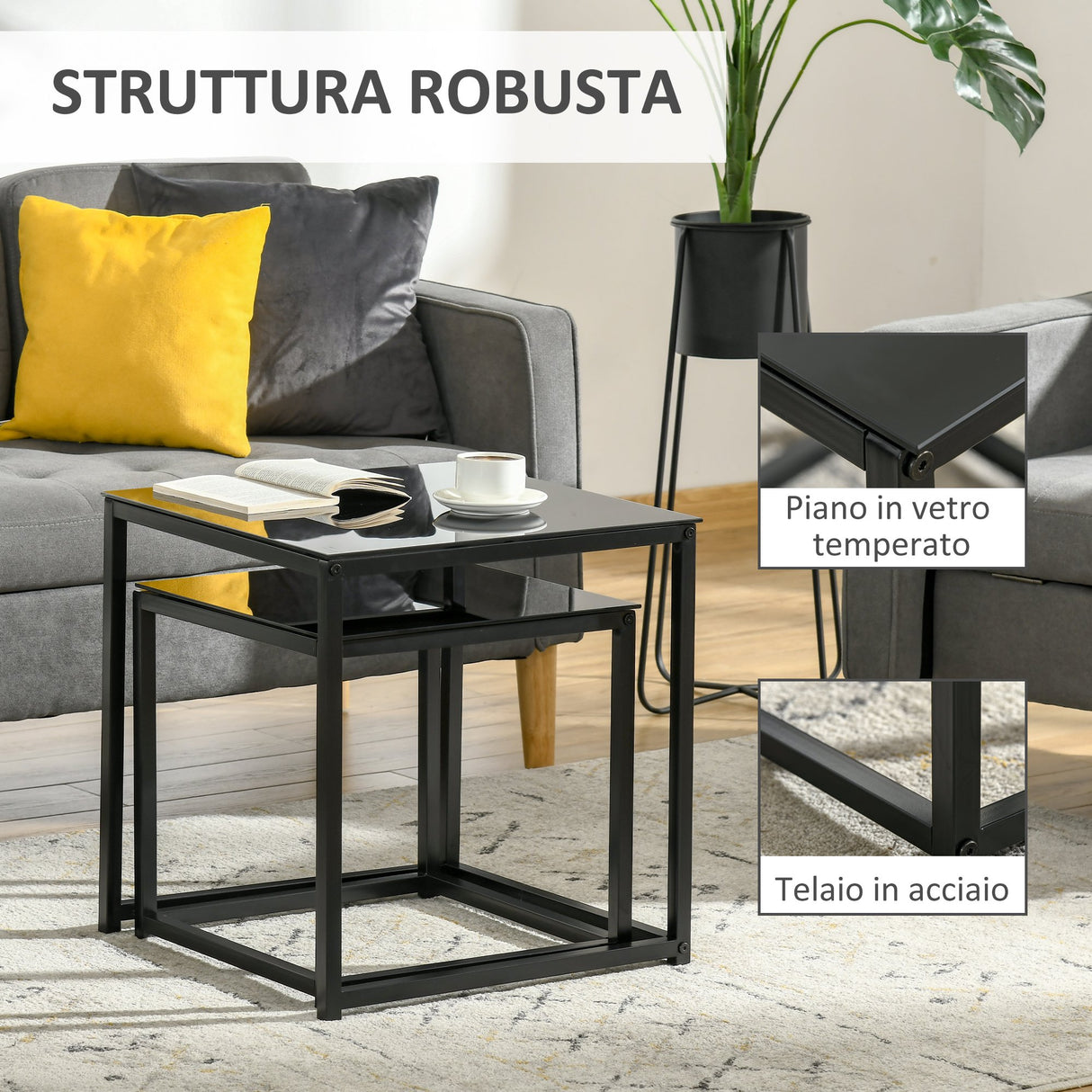 easycomfort easycomfort set 2 tavolini da salotto quadrati moderni in acciaio e vetro temperato nero