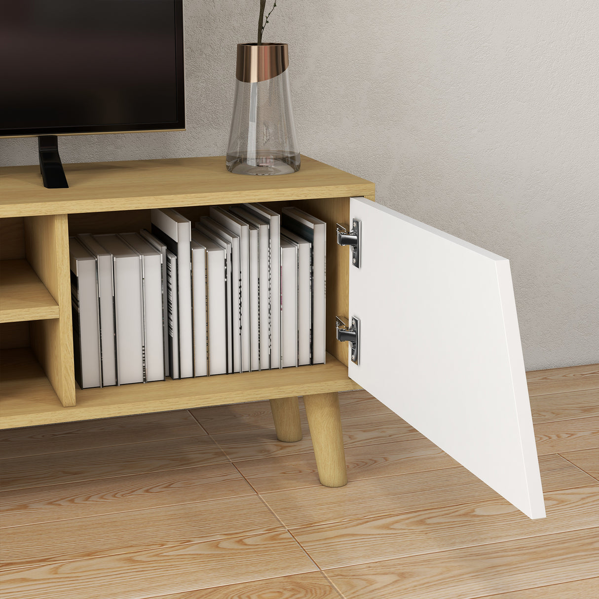 easycomfort easycomfort mobile porta tv fino 65 con armadietti e ripiani aperti 150x30x42cm bianco e legno