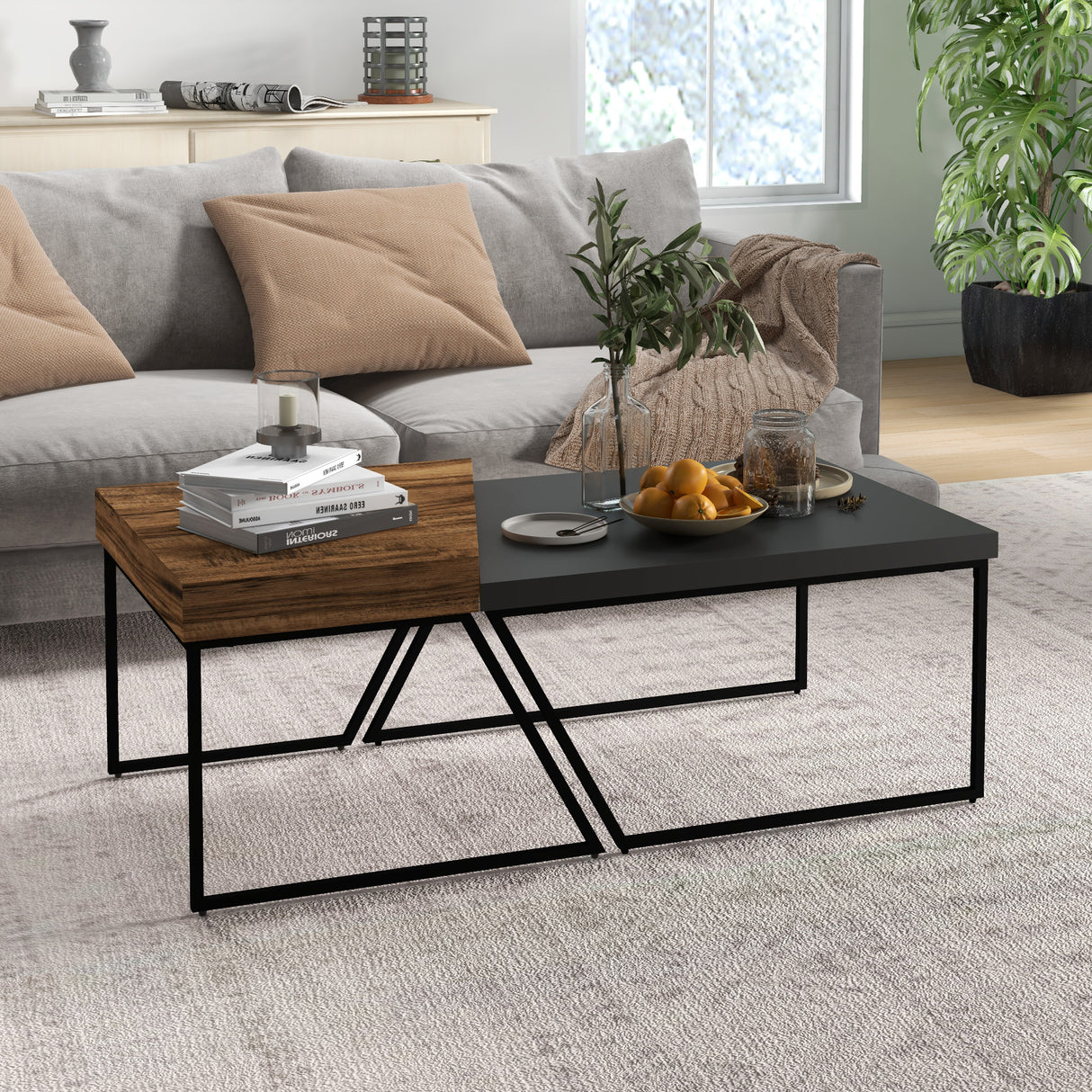 easycomfort easycomfort set 2 tavolini da caffe in truciolato e acciaio tavolo nero 80x60x42 cm e tavolo marrone 60x60x46 cm