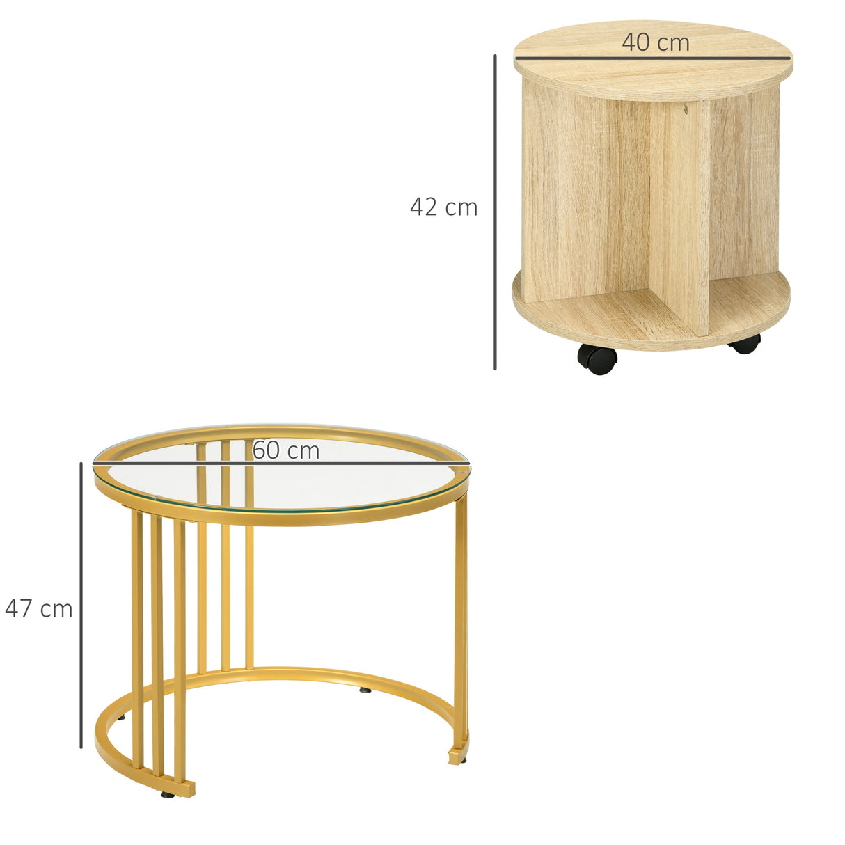 easycomfort easycomfort set 2 tavolini da salotto rotondi con design impilabile 4 ripiani inferiori e 4 ruote oro e rovere