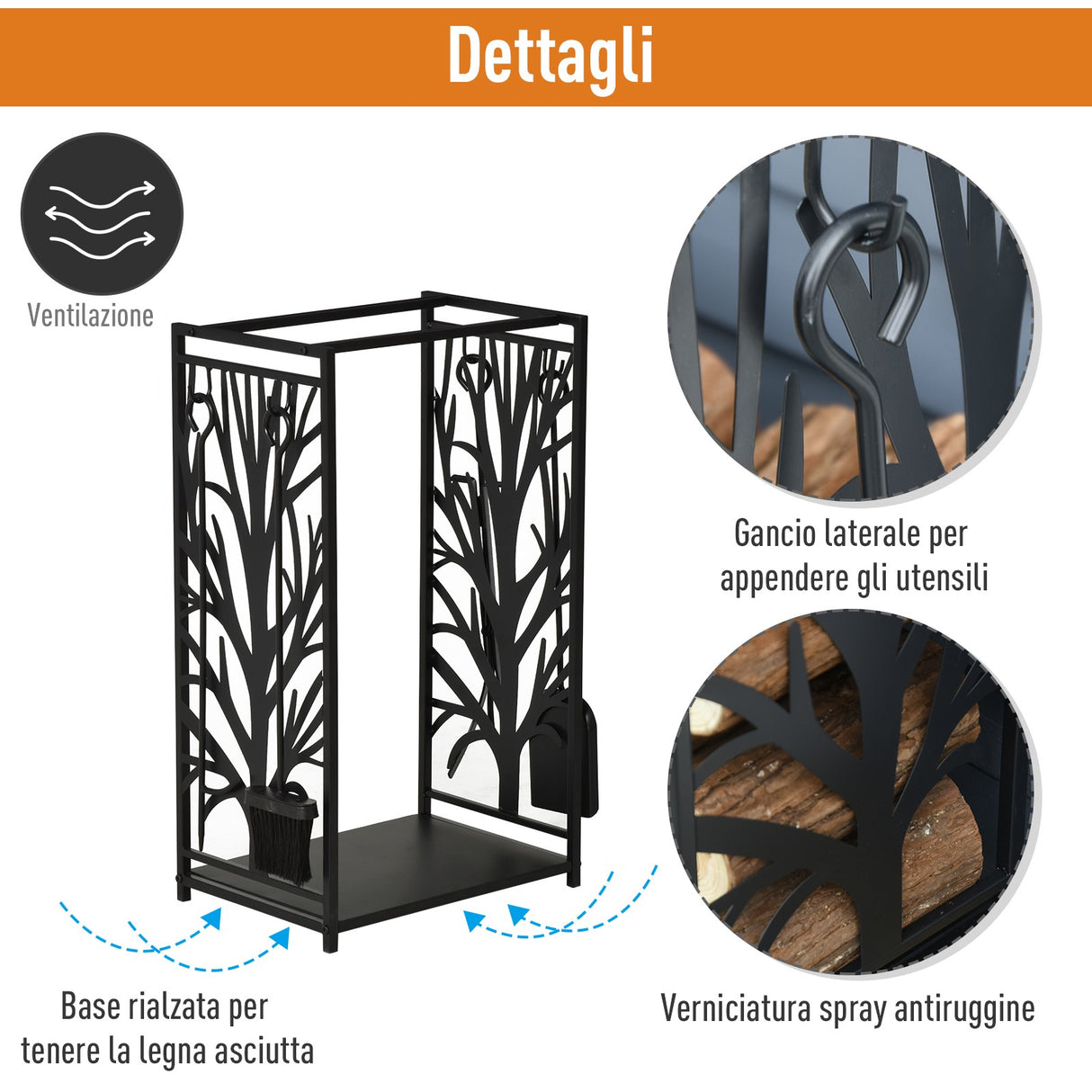 easycomfort easycomfort potalegna per camino in acciaio nero e antiruggine con accessori 46 x 29 x 70cm