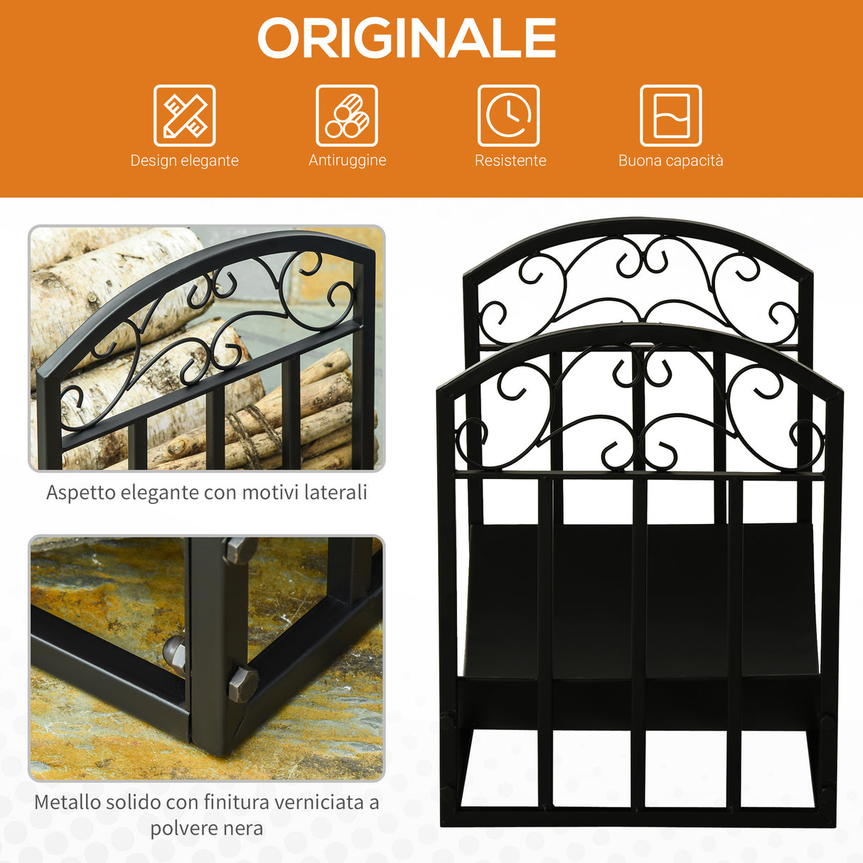 easycomfort portalegna da interno ed esterno in metallo con ripiano curvo fino 60kg di legna nero