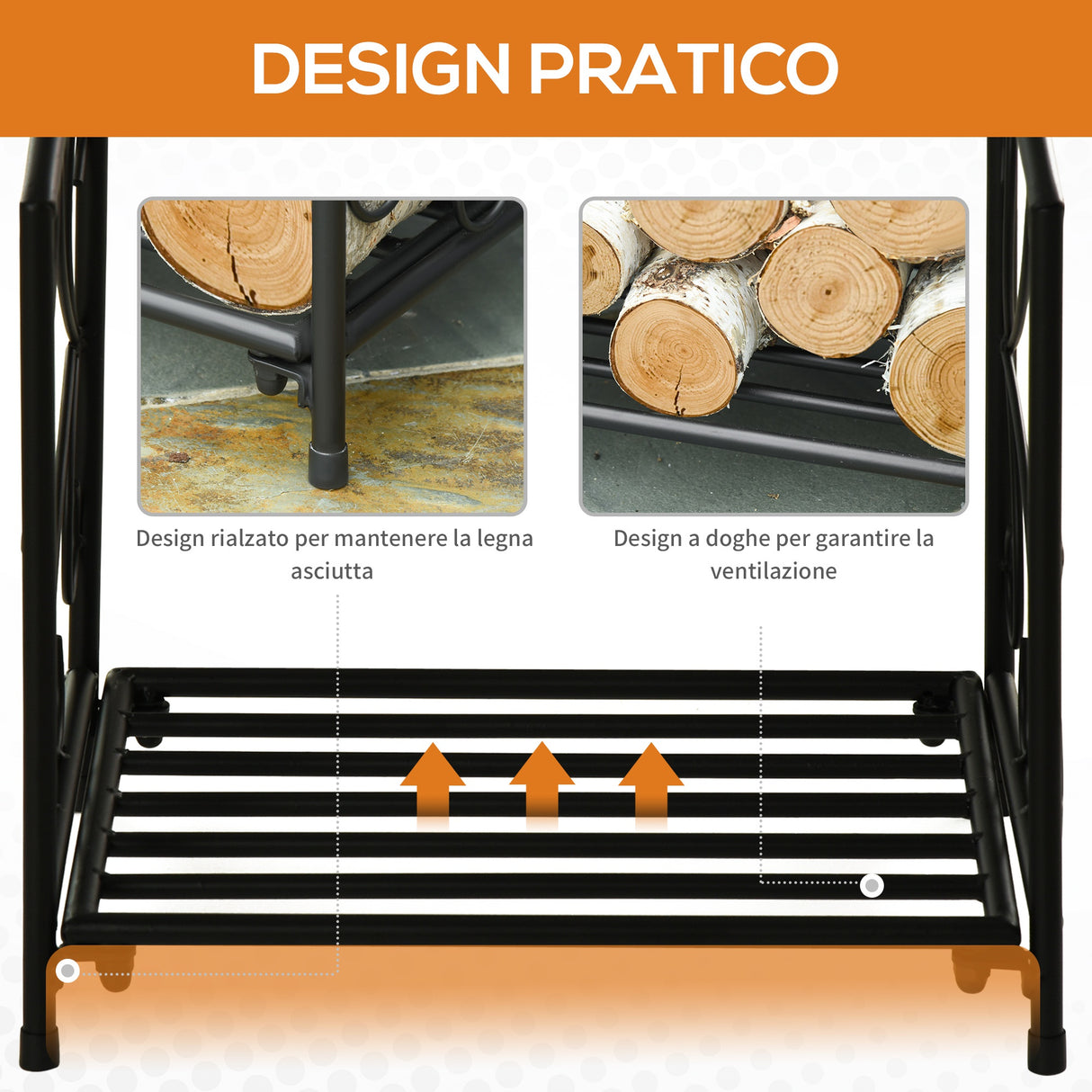 easycomfort portalegna per camino da interno ed esterno in metallo con base rialzata per 50kg di legna 39.5x31.5x39.5cm nero