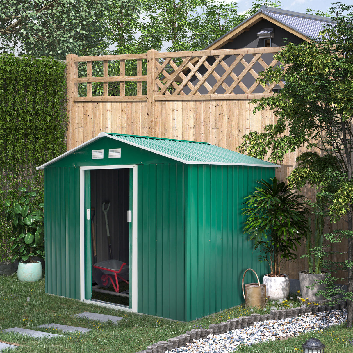 easycomfort casetta porta attrezzi capanno da giardino in acciaio zincato verde 277 x 191 x 192 cm