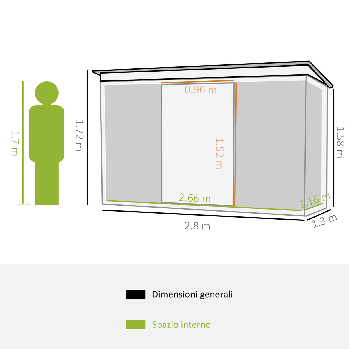 easycomfort casetta da giardino porta utensili in lamiera di acciaio con porte scorrevoli 280x130x172cm verde chiaro
