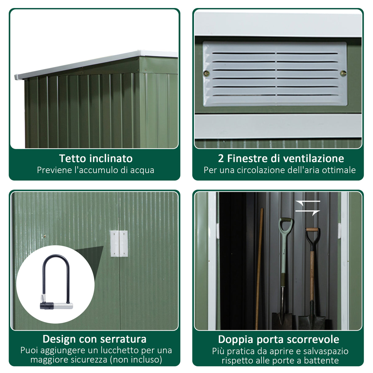 easycomfort casetta da giardino porta utensili in lamiera di acciaio con porte scorrevoli 280x130x172cm verde chiaro