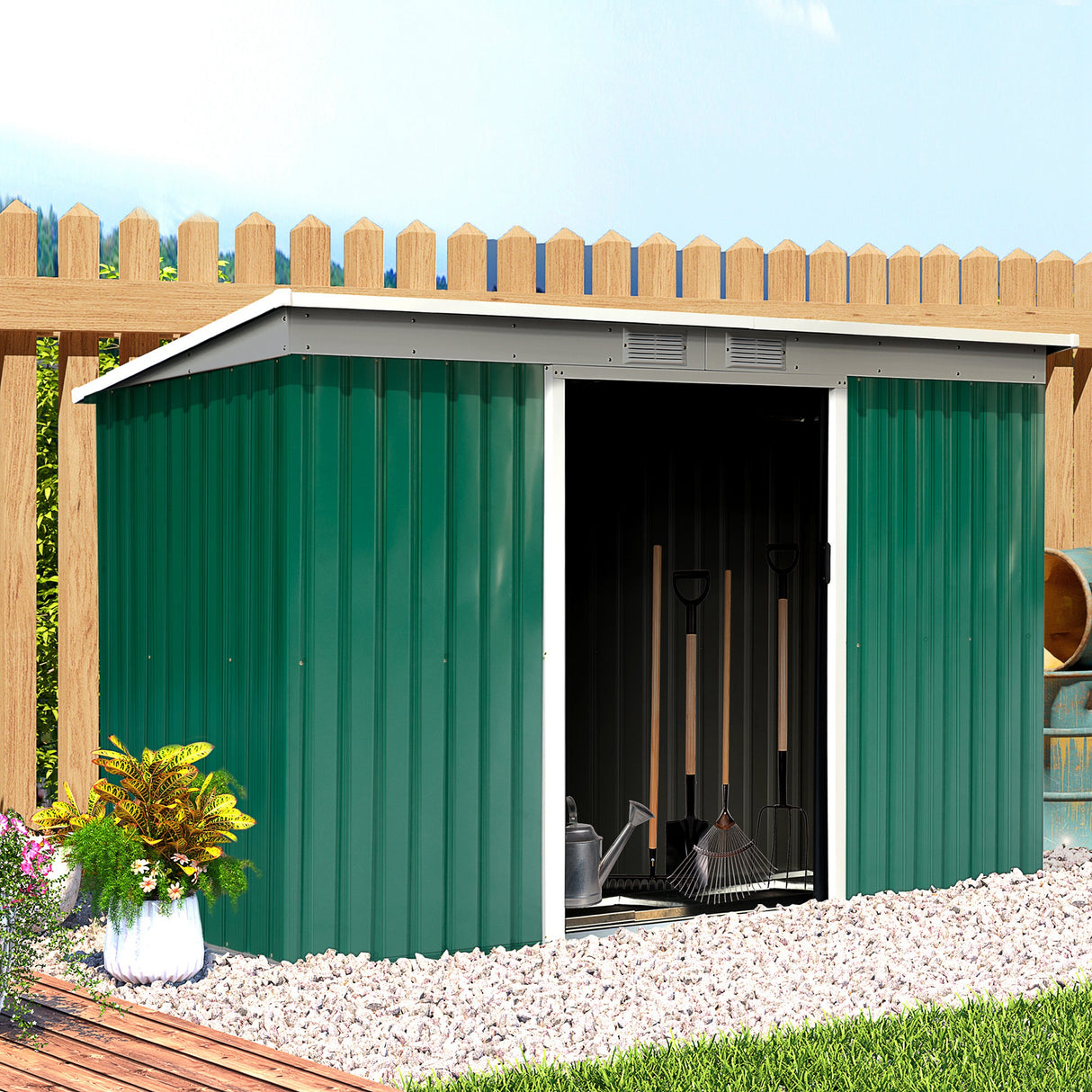 easycomfort easycomfort casetta da giardino porta utensili in lamiera di acciaio con porte scorrevoli 280x130x172cm verde scuro