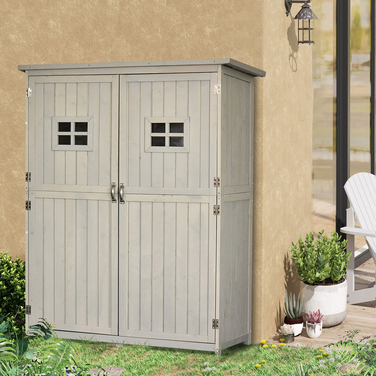 easycomfort casetta da giardino legno con porta doppia mensole e finestre 127.5x50x164cm