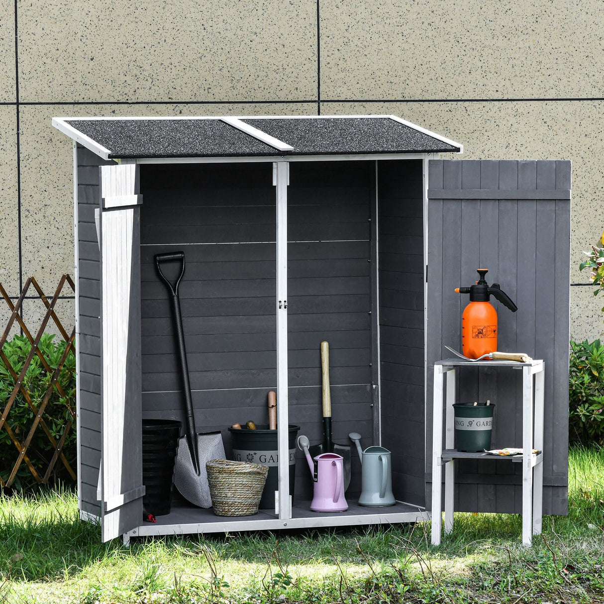 easycomfort easycomfort casetta in legno da giardino con 2 ante armadio da esterno porta attrezzi da giardino con uno sgabello 139x75x147160cm