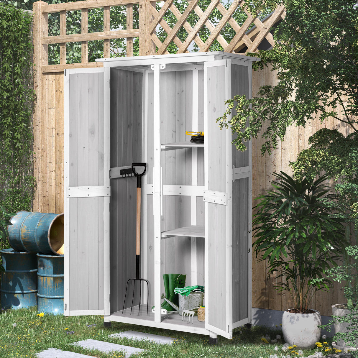 easycomfort easycomfort casetta porta attrezzi in legno di abete a 3 livelli con tetto in bitume 77x58x175 cm grigio