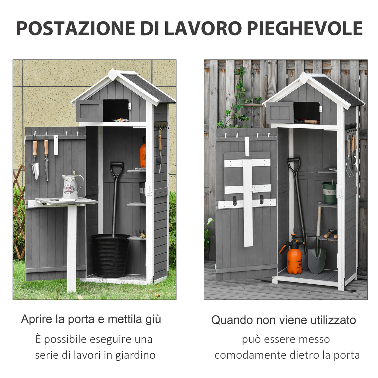 easycomfort casetta da giardino porta attrezzi in abete con ripiano rimovibile e tavolo da lavoro 78x52.5x182 cm grigia