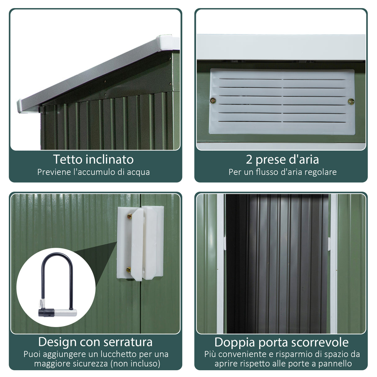 easycomfort casetta da giardino in acciaio con doppia porta scorrevole e prese d aria 213x130x173 cm verde