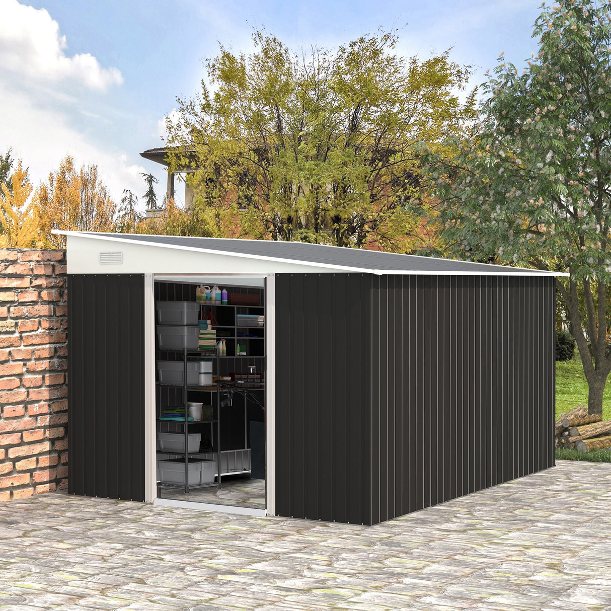 easycomfort ripostiglio da giardino con porta scorrevole in acciaio 345x280.5x169 201cm nero